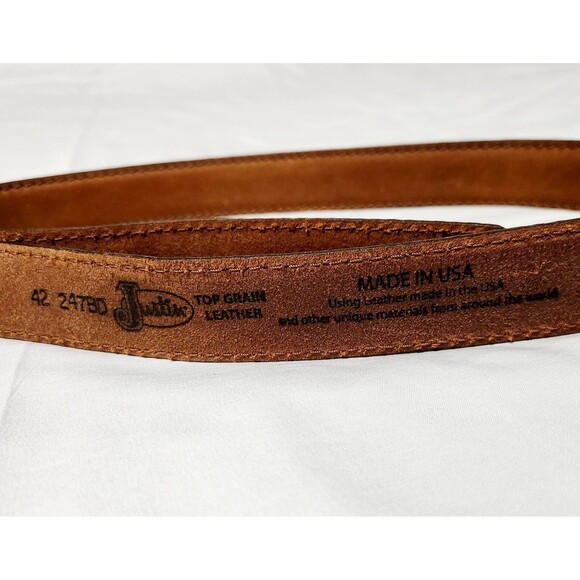 Justin Mens Size 42 Brown Leather Belt Silver Tone Hardware RK - Picture 3 of 7
